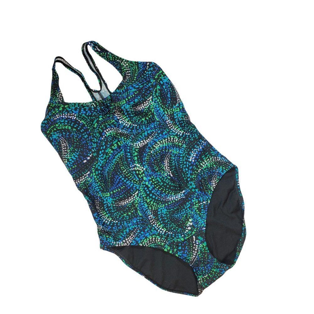 Speedo Green Blue Black Swirl Racerback Athletic Training One-Piece Swimsuit